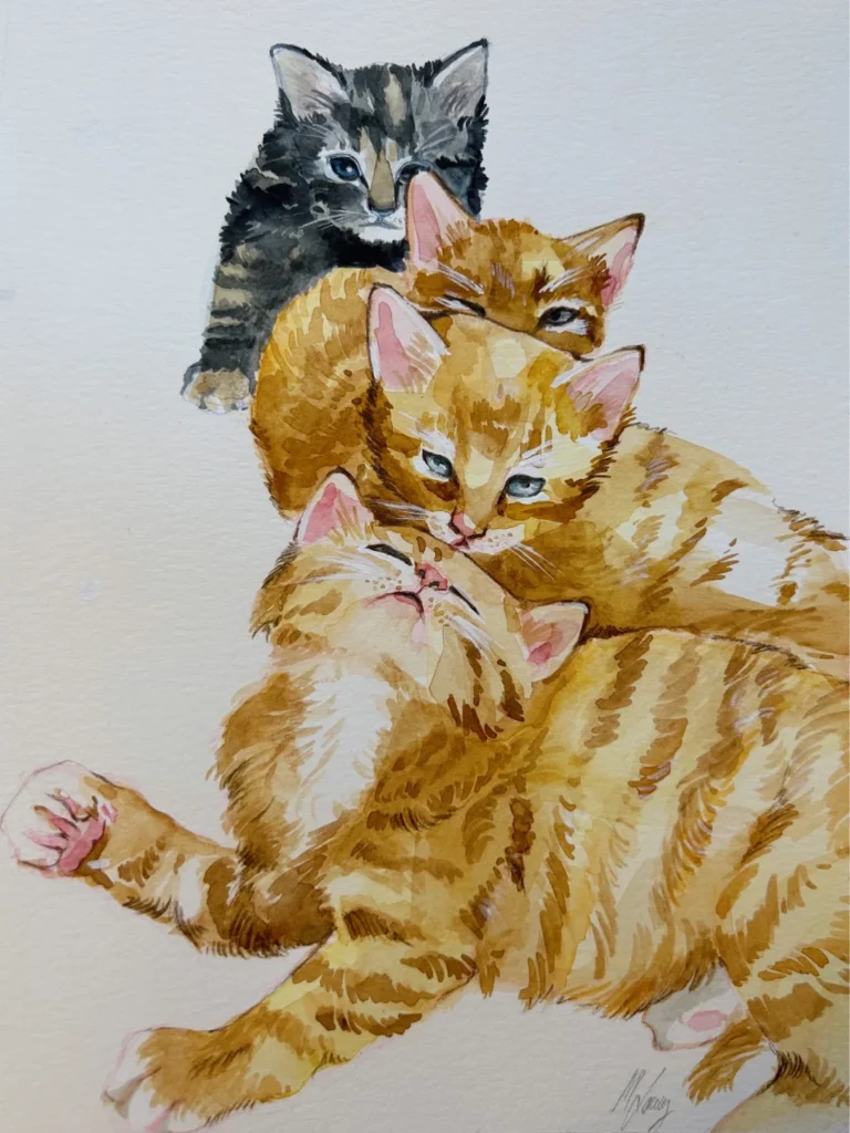 Dibujo en acuarela de gatos - 2